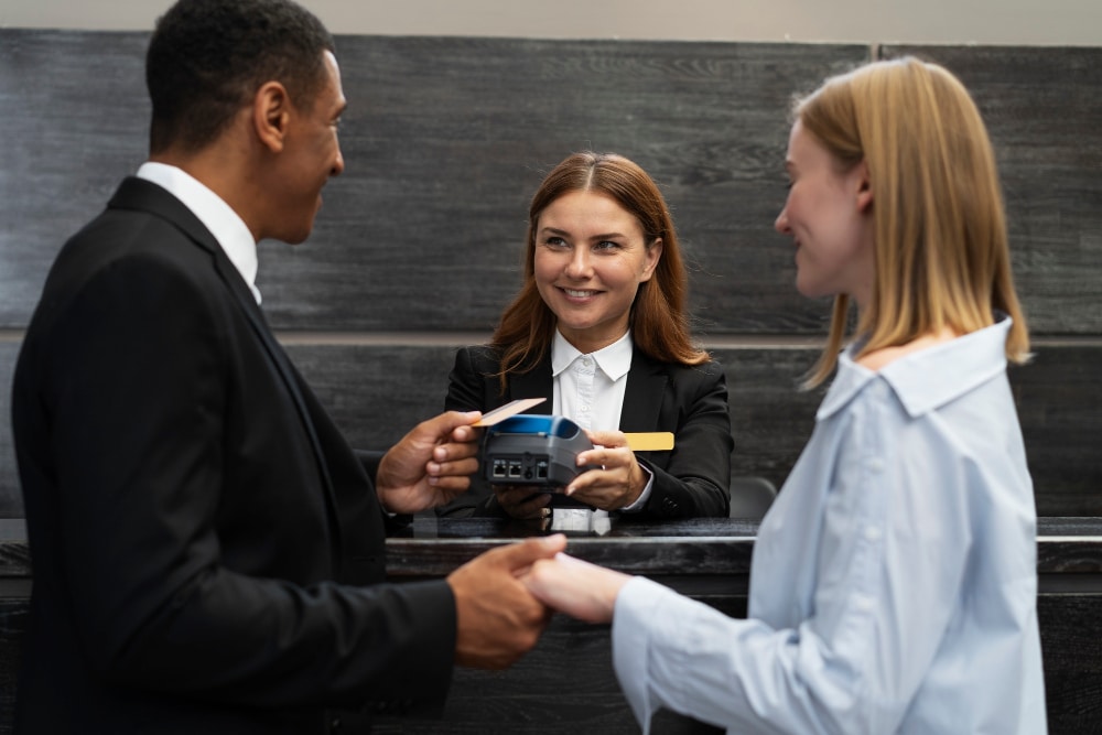 receptionist-elegant-suit-work using rfid scanners