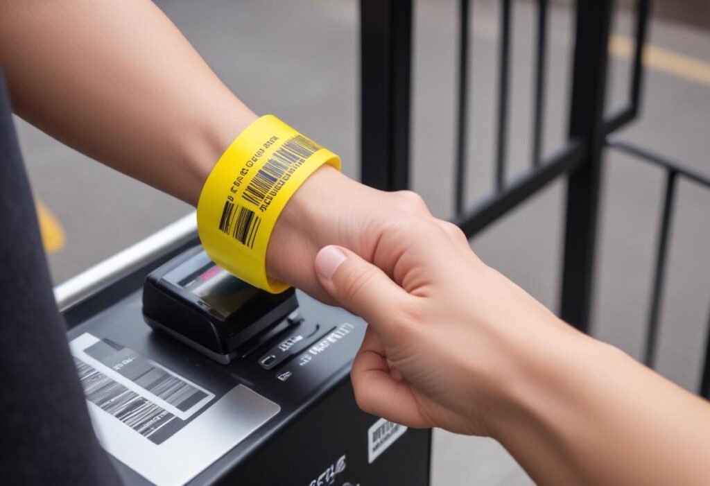 people wearing yellow color rfid labeled hand band with a barcode placing his hand on a RFID scanner to enter the show