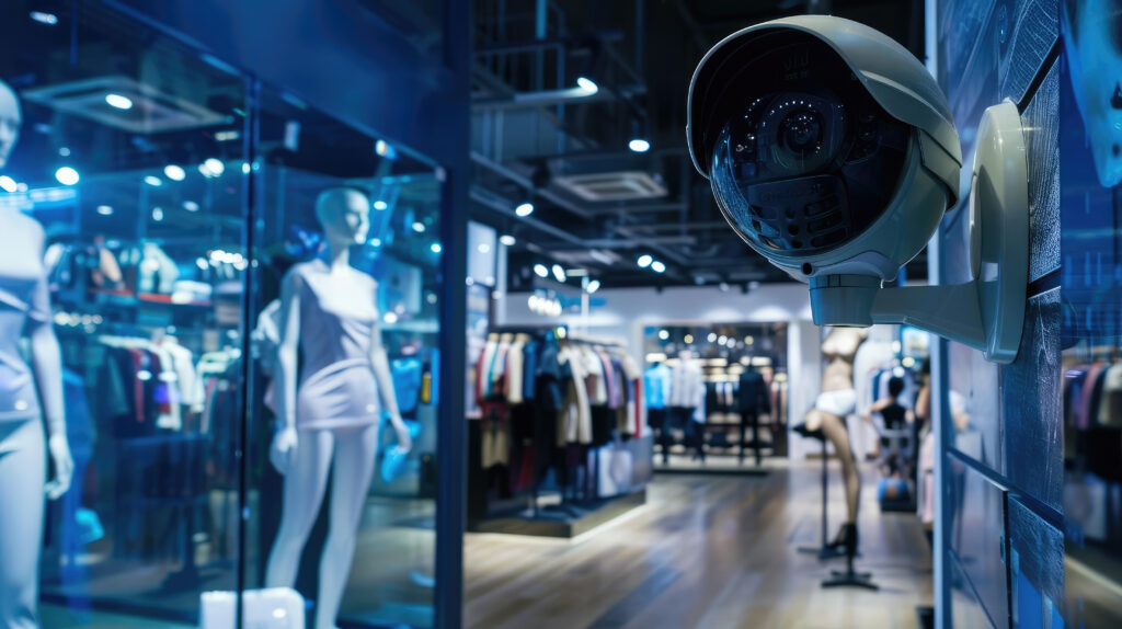 Modern retail store interior with mannequins, clothing displays and security camera.