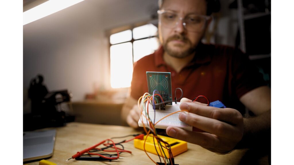 An expert working at Asecuri building a rfid scanner device using wires and other equipment's while sitting by a table.