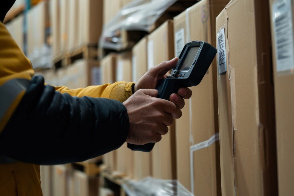 a man using a Handheld RFID Reader in Warehousing