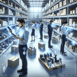 A Caucasian male and an Asian female, both dressed in modern warehouse attire, are actively scanning products with handheld RFID scanners in a well-organized warehouse filled with shelves stocked with various products. The scene captures their focused expressions as they collaborate efficiently, highlighting the dynamic interaction between the team members and their technological tools, reflecting effective inventory management practices.