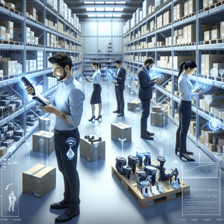 A Caucasian male and an Asian female, both dressed in modern warehouse attire, are actively scanning products with handheld RFID scanners in a well-organized warehouse filled with shelves stocked with various products. The scene captures their focused expressions as they collaborate efficiently, highlighting the dynamic interaction between the team members and their technological tools, reflecting effective inventory management practices.