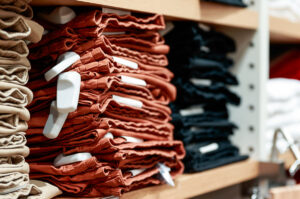 Neatly folded stacks of pants with sets of ink tag on a store shelf, showcasing loss prevention measures in retail.